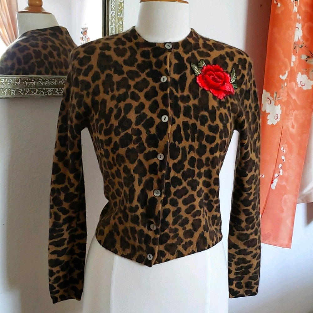 Lambswool/Angora Animal Print Cardigan Size Small